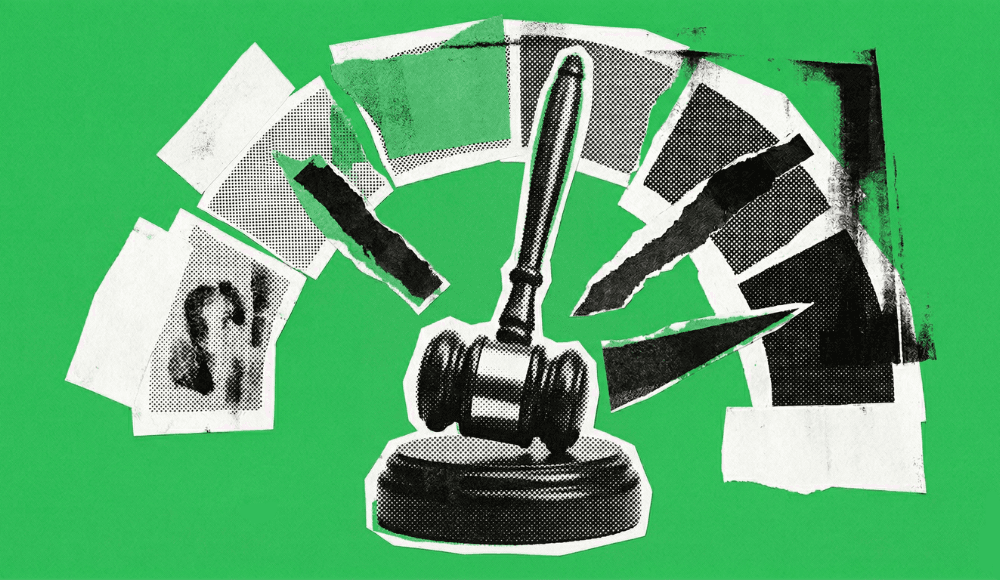 A judge's hammer and a credit score meter