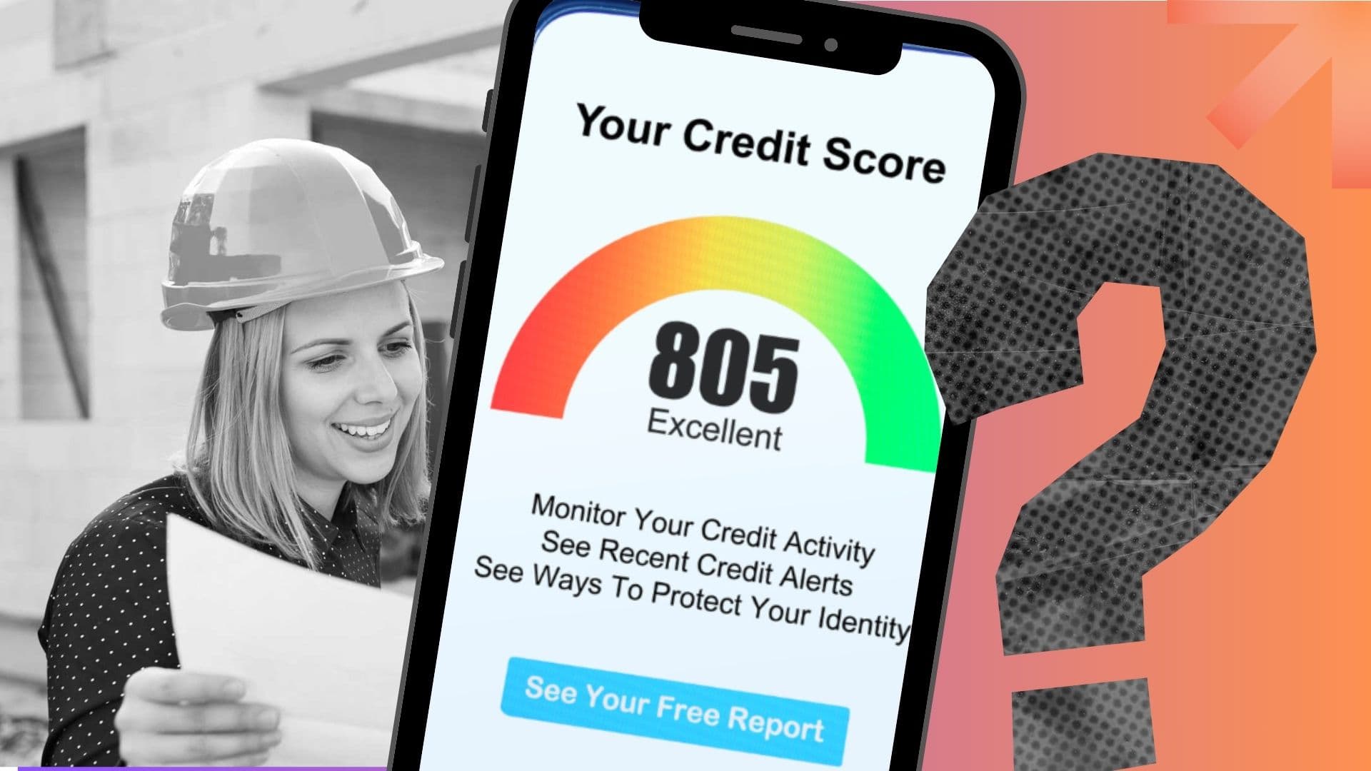 A phone showing an excellent credit score (over 800) and a Canadian woman wearing a construction hat to symbolize that she rebuilt her credit after a consumer proposal.