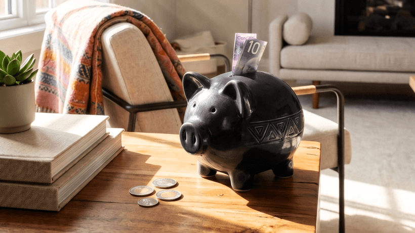 A black ceramic piggy bank on a sunlit wooden table in a modern living room, with a Canadian 10-dollar bill and coins nearby, representing savings account interest rates in Canada.