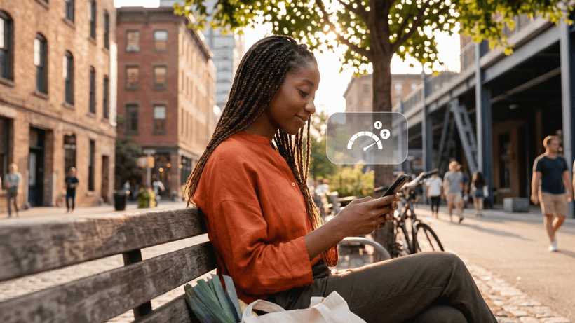 A person sitting on a city bench looking at their phone, featuring a floating digital graphic of an increasing credit dial that highlights how to build credit score in Canada.