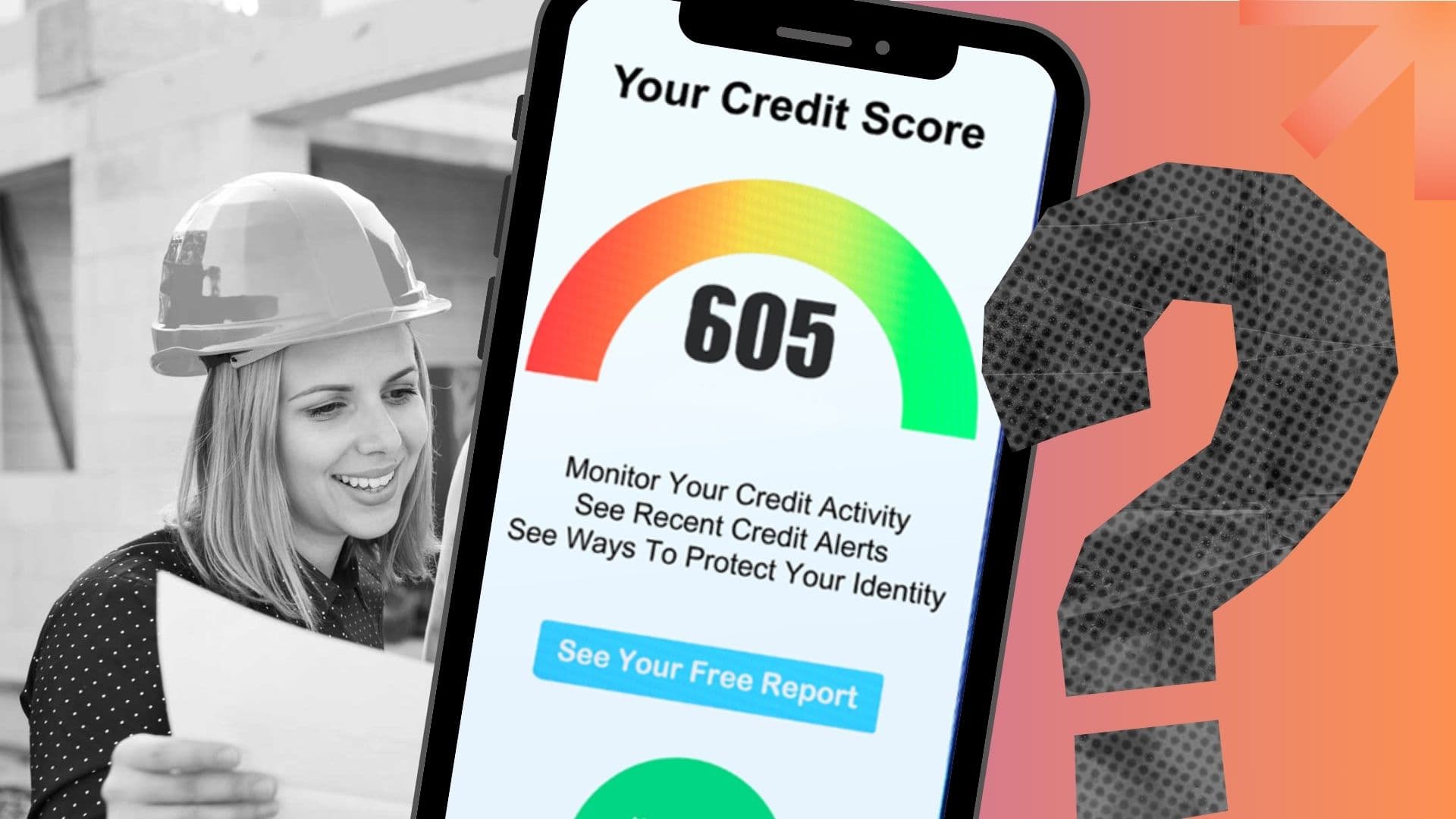 A phone showing an excellent credit score (over 800) and a Canadian woman wearing a construction hat to symbolize that she rebuilt her credit after a consumer proposal.