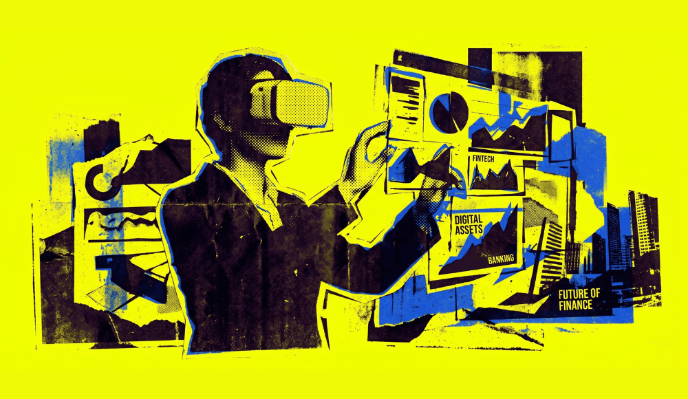 Someone banking in a futuristic virtual reality