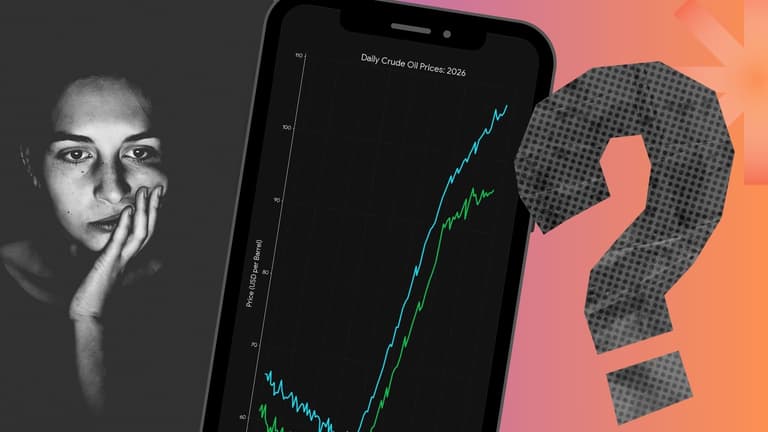 Phone showing the prices of crude oil since the war in Iran with the U.S., and a young Canadian woman worrying about the impact it may have on her future finances.